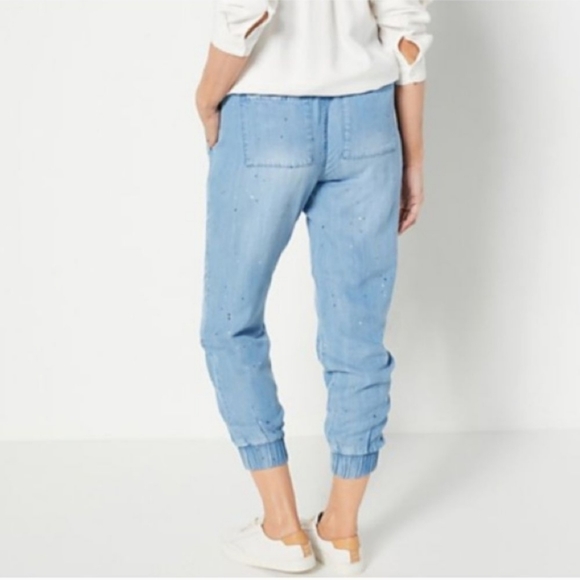 Side Stitch Los Angeles Lyocell Pants P1X Blue Jogger Drawstring Elastic Pullon - Picture 3 of 10